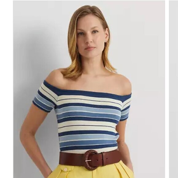 NEW Lauren Ralph Lauren Womens XL Striped Off-The-Should Multi color Crop H692 - Picture 1 of 8